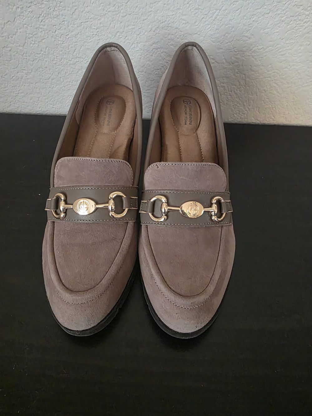 Taupe Horsebit Gold Accent Heel Loafer Memory Foam Sole